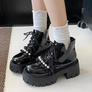 Luxury pearl design lace up ankle boots Women Height Increasing motorcycle boots Women s British Style Casual Short boots 2024 35