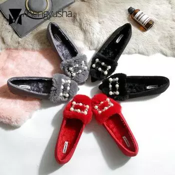luxury pearl fur flats women crystal beading buckle flat shoes woman pointed toe slip on loafers ladies plush winter shoes c846 5 чёрный