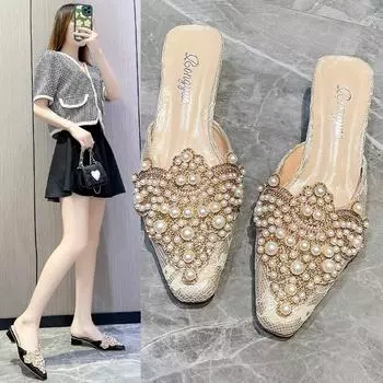 Luxury Pearl Ornaments Mules Slides Woman Elegant Point Toe Lace Sandals Ladies Chic String Bead Evening Party Flat Dress Shoes 34