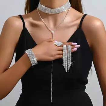 Luxury Personality Exaggerated Jewelry Bundle Neck Multi-Layer Necklace Earrings Bracelet Ring Set Full Of Diamond Jewelry