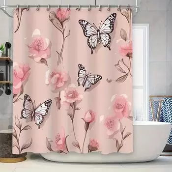 Luxury Pink Floral Shower Curtain with White Butterflies Decorative Bath Rug Set for Bathroom Decoration in Home Garden 90x180cm
