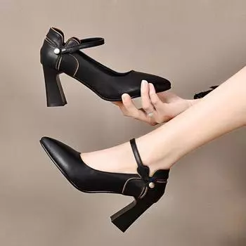 luxury Pointed High Heels 2024 Spring New Flower Shallow Mouth Stripe Thick Heel Shoes Elegant Women s Casual Fashion Shoes 35 бежевый