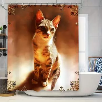 Luxury Printed Shower Curtains 3D Waterproof Cat Bath Mats Decorative Shower Curtains for Bathroom Orange Red Color (245x180cm) 90x180cm