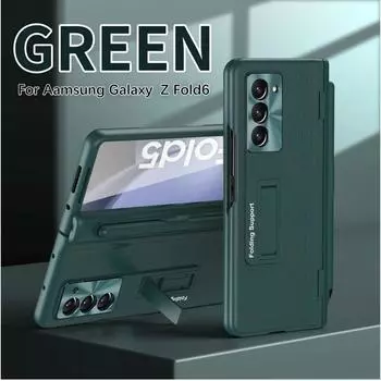 Luxury PU Leather Hard PC Hinge Protection Phone Cover for Samsung Galaxy Z Fold 6 5 4 3 Case with Bracket Screen Protector For Galaxy Z Fold 6 синий