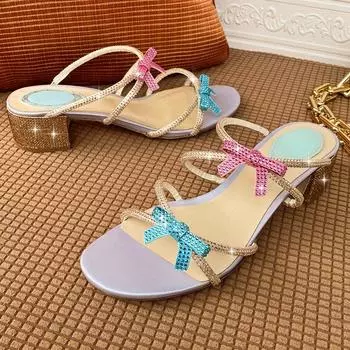 Luxury Rhinestone Bow Design Sandals Women Chunky Mid Heel Slide Slippers Summer Open Toe Cute Flip Flops for Girls Zapato Mujer 35