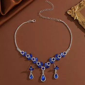 Luxury Rhinestone Necklace Earrings Set Flower Design Wedding Banquet Wear синий