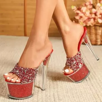 Luxury Rhinestones Design Sandals Women Shiny Sequin PVC Clear Slippers Stiletto High Heels Party Shoes Sexy Pole Dance Sandals 34 красный