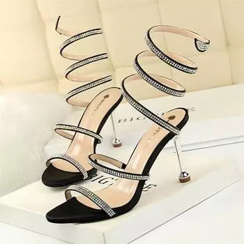 Luxury Rhinestones Snake Coiled Women Stiletto Heels Sandals Summer Fashion Open Toe Wedding Bridal Black Red Pumps 34(Foot22cm)