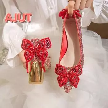 Luxury Rhinestones Women s Pumps 2024 Autumn Fashionable and Versatile Pointed Toe Chunky Heels Elegant and Simple Wedding Shoes 35