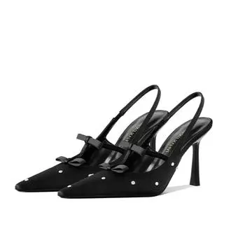 Luxury Sandals Women Designers Dot Rhinestone Bow Sexy Black High Heels Small Square Head Beautiful Light Mouth Backempty Shoes 34