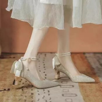 Luxury Shiny Champagne Women s Pumps 2024 New Sweet Beaded Wedding Bridal Shoes Elegant and Simple Women Dress Shoes Zapatos 34 шампанского