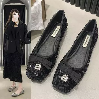 Роскошные танцевальные туфли на плоской подошве с серебряным бантом, весна-осень 2024 года, новые высококачественные женские повседневные туфли на плоской подошве с круглым носком 35 чёрный
