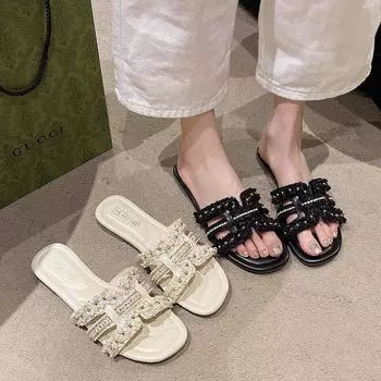 Luxury small fragrant style fashionable flat bottom anti slip external wearing slippers summer new fairy style beach slippers 35 белый