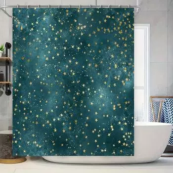 Luxury Star Print Waterproof Shower Curtain for Home Decoration Green Gold 3D Stars Pattern Bathroom Decor 90x180cm