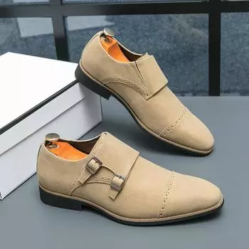 Luxury Suede Leather Beige Men s Monk Shoes Fashion Point Toe Business Shoes Slip-on Leather Loafers Formal Dress Shoes Evening 38 бежевый