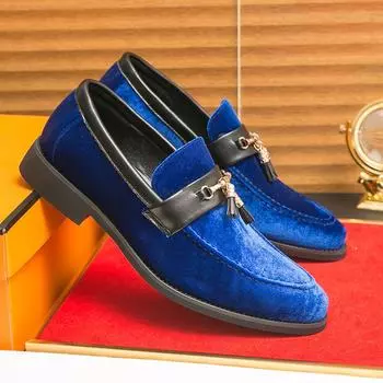 Luxury Suede Leather Party Shoes Men Pointed-Toe Wedding Dress Shoes Man Fashion Blue Tassel Casual Mens Loafers Zapatos Hombre 38