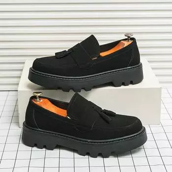 Luxury Suede Tassel Men s Leather Shoes Dress Shoes Casual Gentleman Slip-on Oxford Shoes Frosted Genuine Loafers European style 38 чёрный