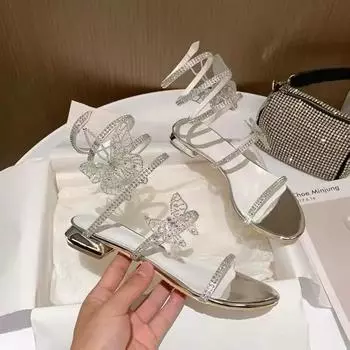 luxury Summer Crystal Snake Winding Sandals Low Heels 2024 Women Bling Butterfly Roman Sandal Female Sweet Flat Sandals Shoes 35 серебряный