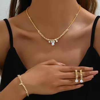 Luxury Temperament Rhinestone Zircon Jewelry Set Necklace Earrings Bracelet Set Bridal Jewelry