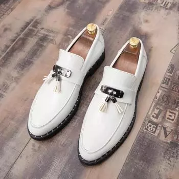 Luxury White Glossy Wedding Shoes Fashion Tassel Business Patent Leather Prom Shoes Mens Formal Slip-on Dancing Shoes 2024 38 чёрный