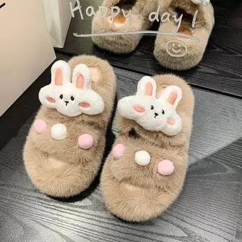 Luxury Women s Cute Plush Cartoon Slippers 2024 New Korean Edition Home Thick Sole Rabbit Solid Color Slippers 35 белый