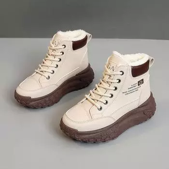 Luxury Women s Sneakers High Top Boots 2024 Winter Women Plush Warm Cotton Shoes Platform Ladies Shoes Lace Up Increased Boots 35 хаки