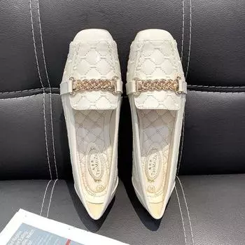 Luxury Women s Square Head Flat Bottom Comfortable Small Leather Shoes Soft Leather Soft Bottom Casual Wear resistant Work Shoes 33 серый