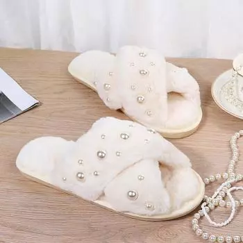 Luxury women s summer plush slippers home flat bottomed pearl cross cotton slippers latest casual and comfortable slippers 36-37 белый