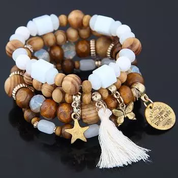 LUXY MOON 4PC Богемия ручной работы с бахромой Звезда Бабочка Дикий браслет из бисера Браслет с темпераментом бежевый