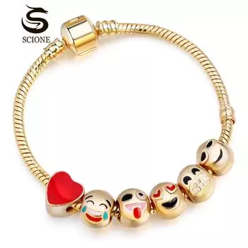 LUXY MOON 6 бусин простой смайлик смайлик KC позолоченный браслет из бисера с большим отверстием