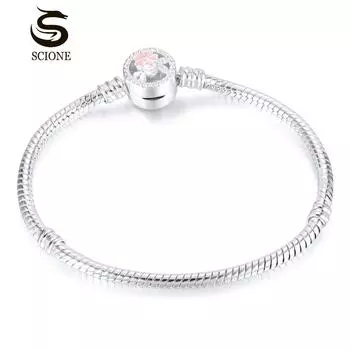 LUXY MOON Базовая цепочка Двойная цветочная пуговица Браслет из бисера с большим отверстием Цепочка в виде змеи Цепочка из бисера 16cm серебряный