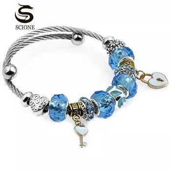 LUXY MOON Браслет из титановой стали с большим отверстием и бисером Love Lock Браслет LOVE 16-21cm озеро синий