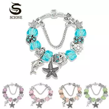 LUXY MOON Морской браслет Желейный браслет с большим кристаллом и бисером Браслет с морской звездой и дельфином 18CM оранжевый