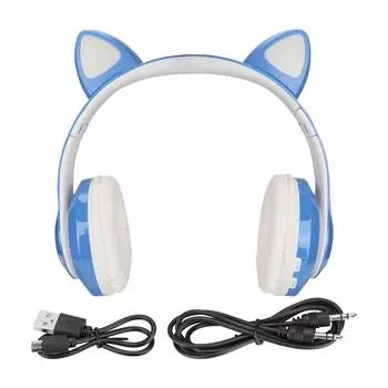 LXB39C Детские наушники Bluetooth 5.0 складные беспроводные светящиеся музыкальные наушники с кошачьими ушками для синий