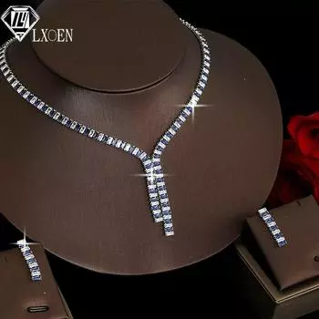 LXOEN элегантные свадебные комплекты ювелирных изделий для женщин, висячие серьги, ожерелья, набор, синий циркон, серебряный цвет, вечерние украшения для выпускного вечера
