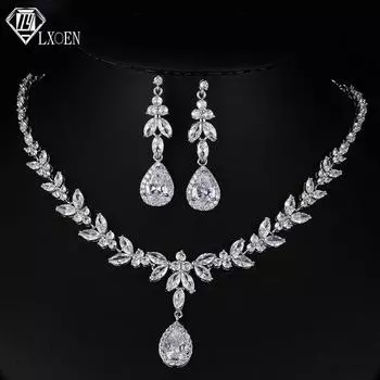 LXOEN люксовые бренды комплекты ювелирных изделий для женщин свадебные модные вечерние аксессуары серьги-гвоздики с кубическим цирконием и ожерелье подарок