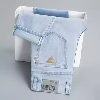Lyocell Tencel Летние тонкие джинсы мужские с высокой талией свободные прямые эластичные деловые новые большие мужские брюки 28 светло-синий