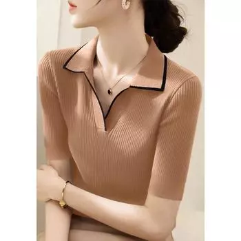 Lyocell Tencel Sunken Stripe Silm Shoulder Tops Summer Thin Half Open Flip V-neck Short Sleeve Ice Silk Sweater Women Khaki ~ color matching 3XL