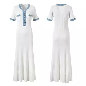 LYRIA Elegant Contrasting Women Knit Maxi Dress Chic O-neck Short Sleeve Metal Buttons Bodycon Dresses Office Lady Commuting Robe S белый