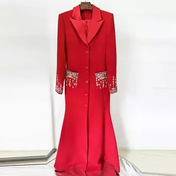 LYRIA High Street Новейшая дизайнерская мода Женское платье макси с длинным рукавом, воротником с лацканами, стразами, бисером S красный