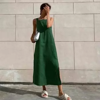 LYRIA Хлопково-льняное женское платье Сексуальное платье на тонких бретелях Длинные платья для женщин Свободные Прямые Вестидос S зелёный