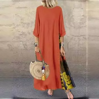 LYRIA Хлопок Лен Винтажные Длинные Платья Женские Рукава Три Четверти Сращивание Принт Свободное А-силуэтное Платье Мода Повседневное Женское Макси Вестидо M оранжевый