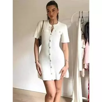 LYRIA Элегантное вязаное мини-платье Женское уличное приталенное с высокой талией и короткими рукавами Платья-свитеры в рубчик для отпуска Облегающее вязаное платье S белый