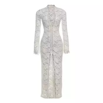 LYRIA Кружевное платье с вырезами Женские платья Сексуальное глубокое V-образное платье с разрезом Длинные платья На шнуровке Платье макси с длинным рукавом Элегантное платье для пляжной вечеринки Женское платье S белый