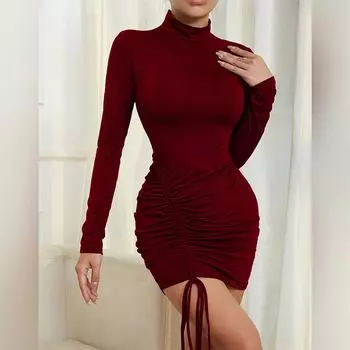LYRIA Осенне-зимние базовые платья с миди-высоким воротником на кулиске для женщин, простые повседневные короткие платья, элегантное однотонное вечернее платье XS кларет