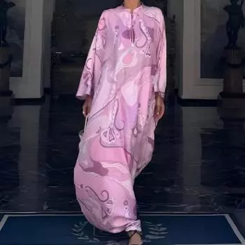 LYRIA Pattern Printed Party Dress Retro Seven Quarter Sleeve Middle Eastern Dress Ladies O-neck Lace Up Loose Robe Dress S