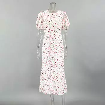 LYRIA Платье длинное с цветочным принтом для женщин, приталенное, с высокой талией, с короткими рукавами-фонариками, модное платье для работы, женское S белый