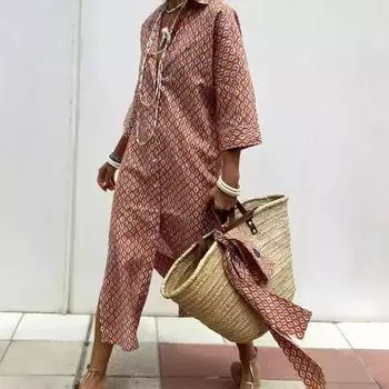 LYRIA Платье-рубашка из хлопка и льна с длинным рукавом Элегантное длинное платье для женщин Модный принт Пуговицы Лацканы Воротник Повседневные платья Robe Femme S красный