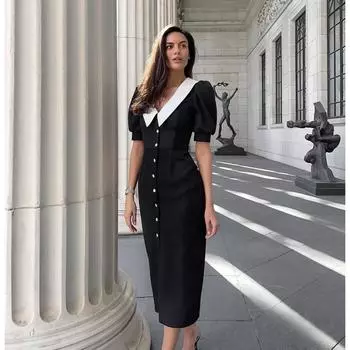 LYRIA Платье с французским кукольным воротником, женское платье А-силуэта, приталенное, с рукавами-буфами, модная повседневная одежда S чёрный