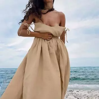 LYRIA Платье в стиле французского хаки из дышащего хлопка и льна на тонких бретельках, с высокой талией, новый европейский и американский стиль, длинное платье в отпускном стиле S хаки